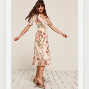 REFORMATION Alina Midi Floral Dress White/Pink 0